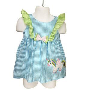 Rare Editions 6-9 months Gingham Blue Green Unicorn‎ Dress